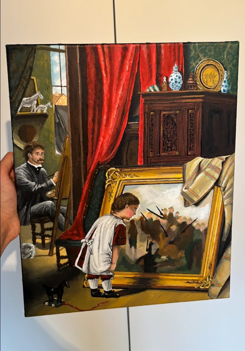 Un peintre dans son atelier et un enfant devant un grand tableau doré